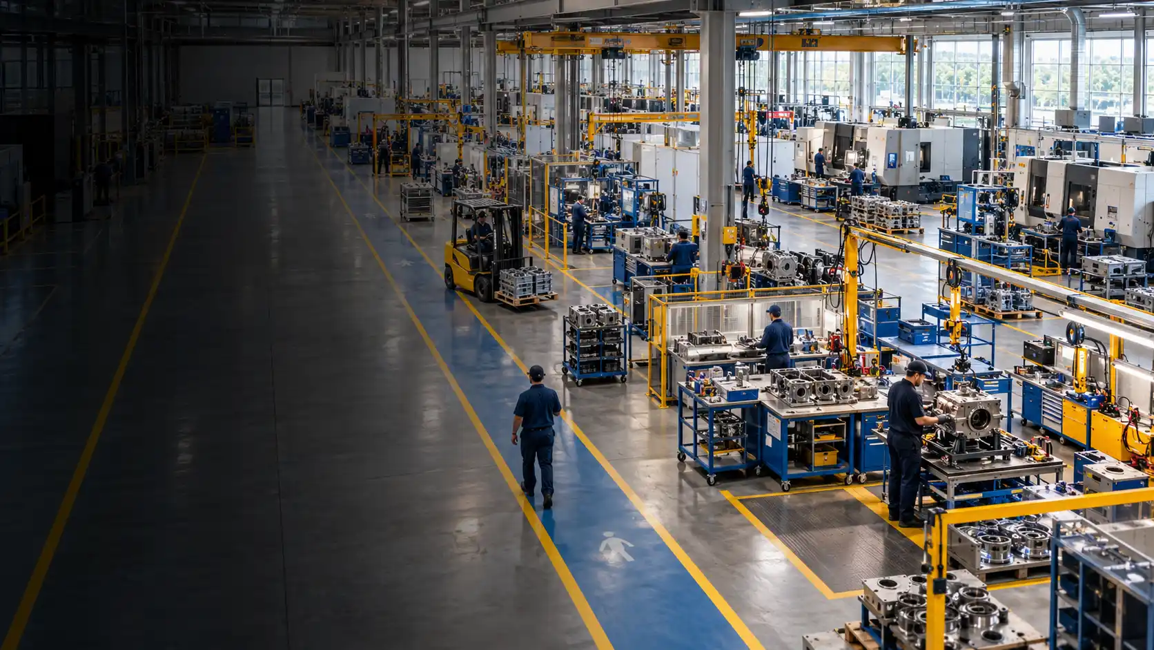 Illustrative manufacturing floor with production stations and shared material routes