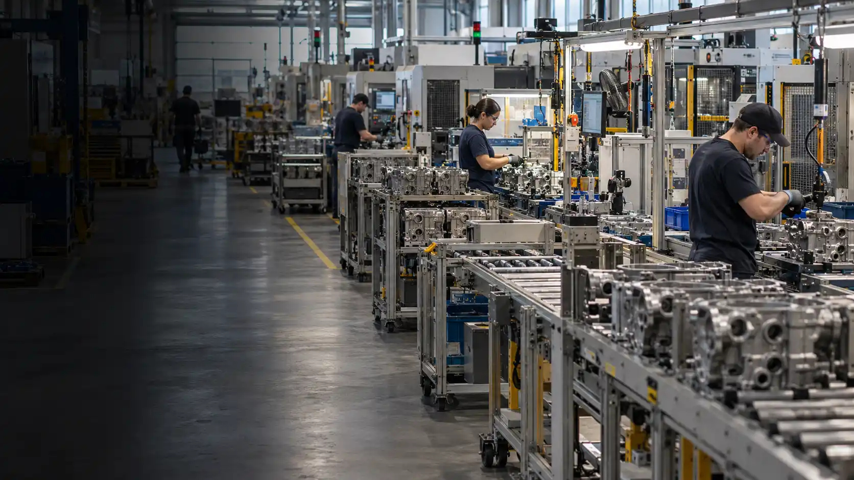 Illustrative production line with in-process parts and operators