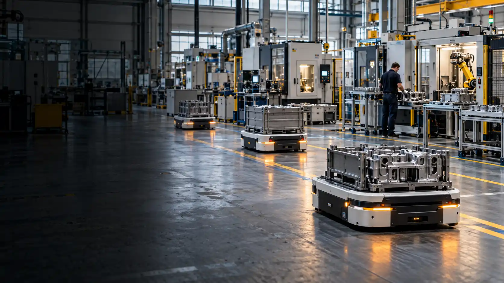 Illustrative autonomous vehicles moving material through a manufacturing plant