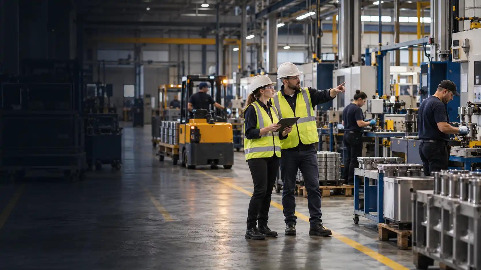 Illustrative plant supervisor and engineer reviewing operators and shared equipment during a shift