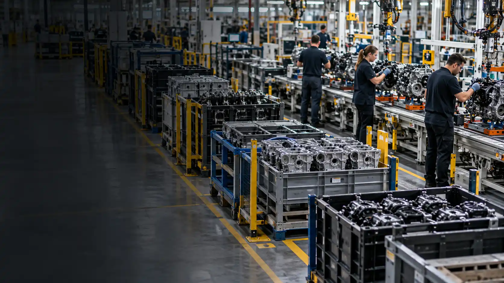 Illustrative manufacturing line with bounded work-in-process lanes between stations