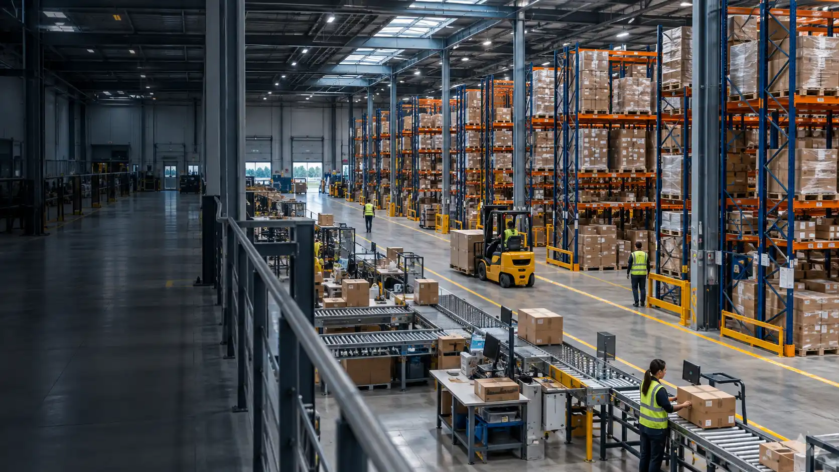 Illustrative warehouse with storage racks, conveyors and forklifts