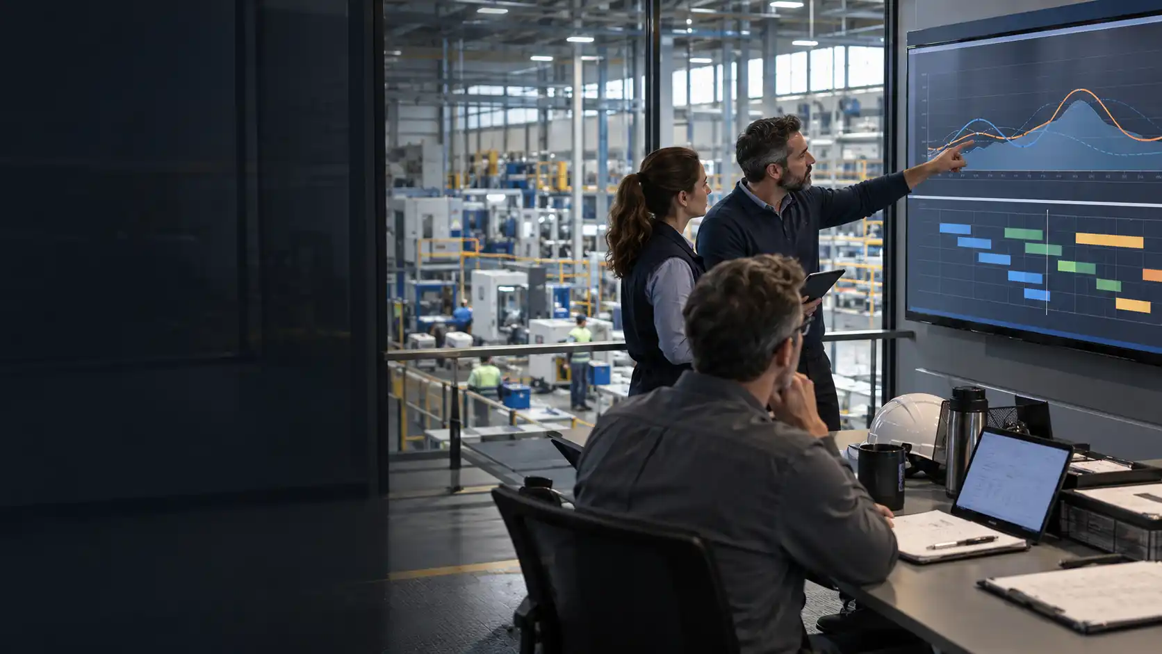 Illustrative industrial planners reviewing operational information above a factory floor