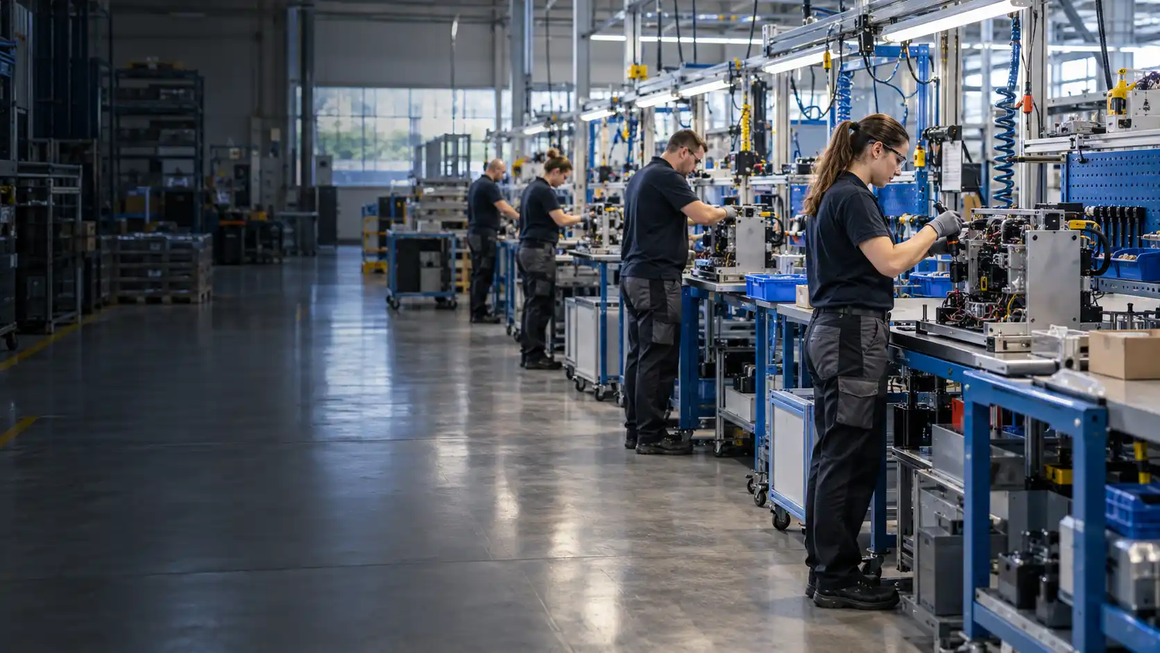 Illustrative manual assembly line with operators at sequential workstations