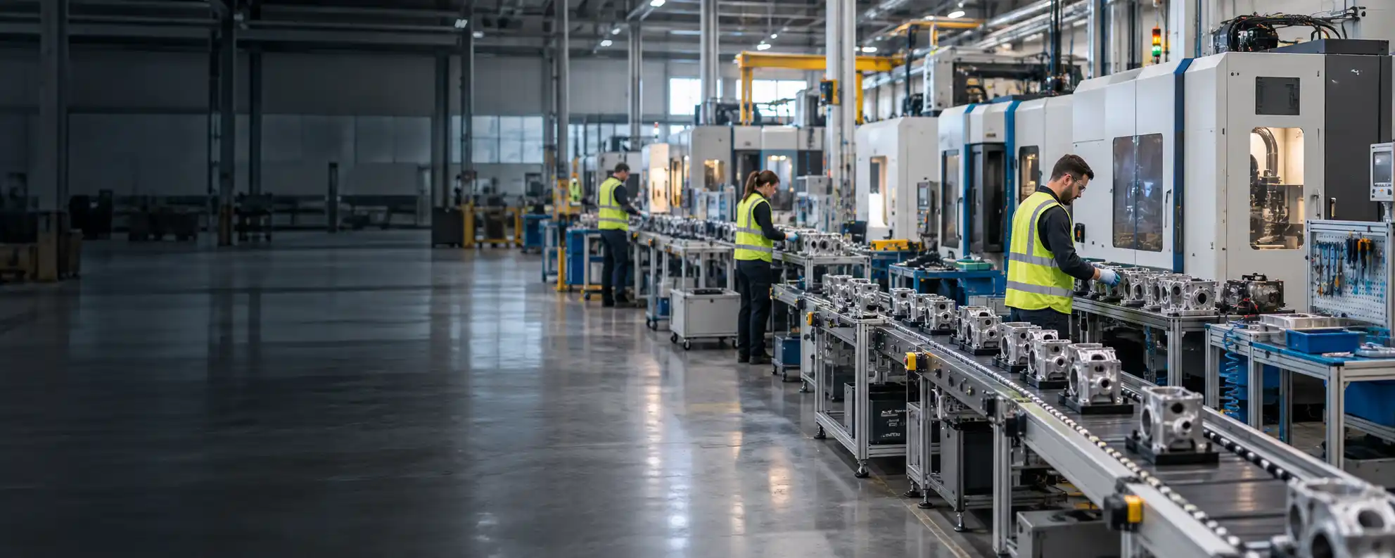 Illustrative production line with stations, operators, and in-process parts