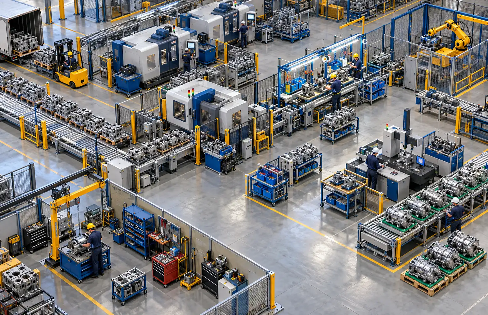 AI-generated illustrative simulation view of machining stations, buffers, operators, and output; not a partner model
