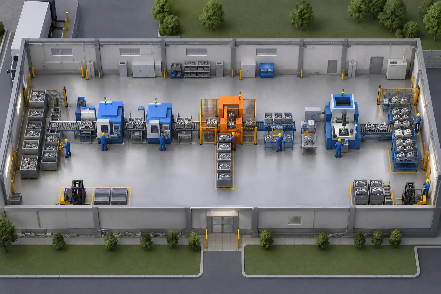 AI-generated illustrative simulation model of a production line, constrained station, buffers, and finished output; not a partner model