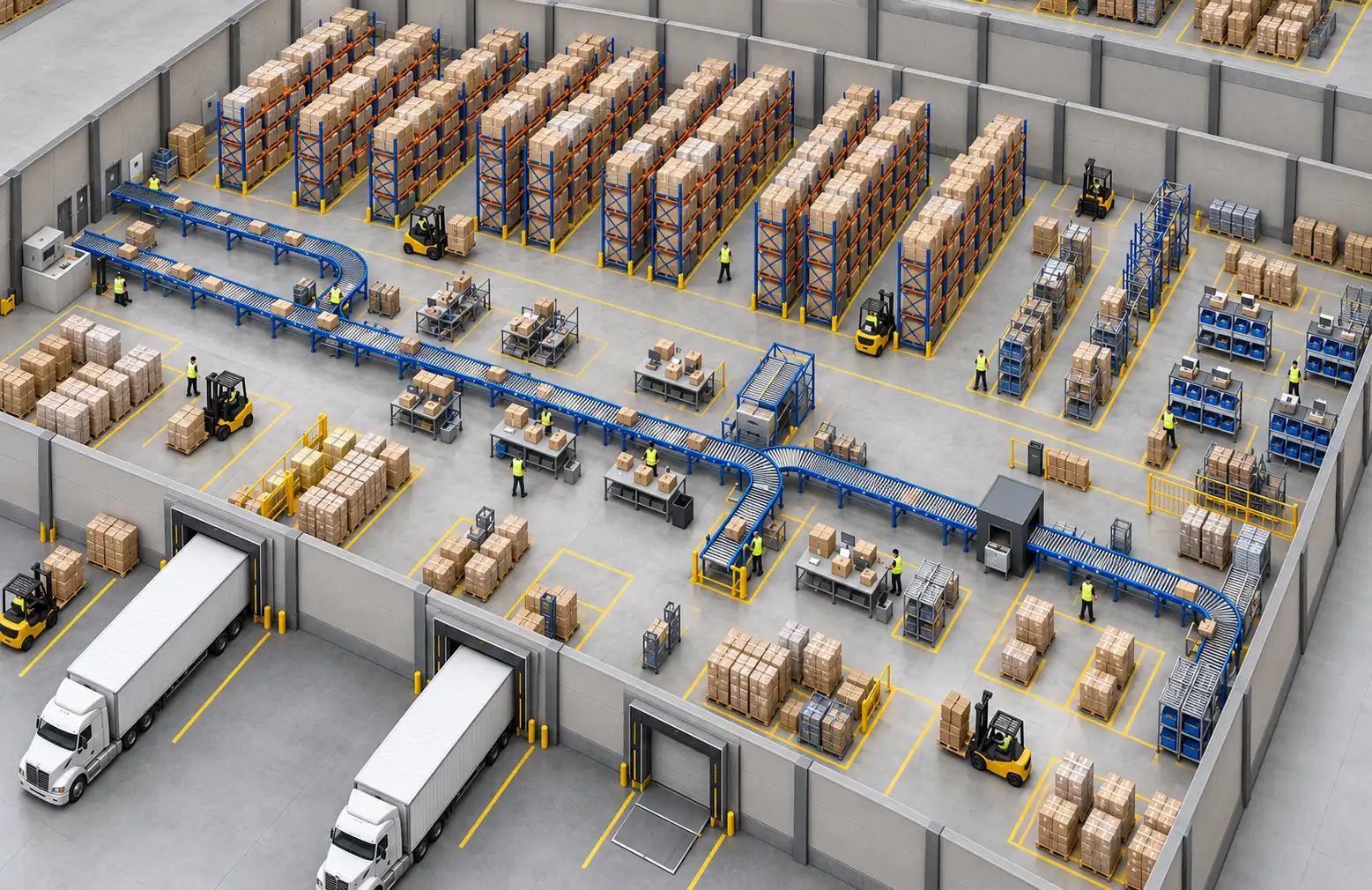 AI-generated illustrative warehouse simulation model showing storage racks, material flow, packing areas and dispatch docks; not a partner model