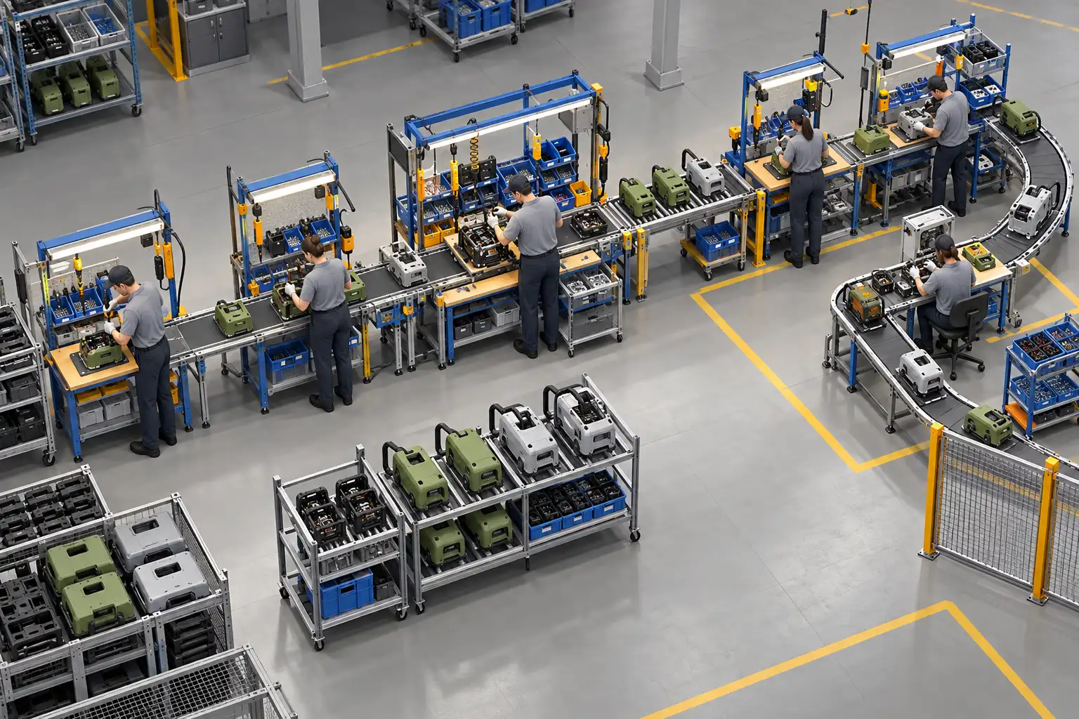 AI-generated illustrative simulation model of assembly stations, operators, buffers, and workpieces; not a partner model