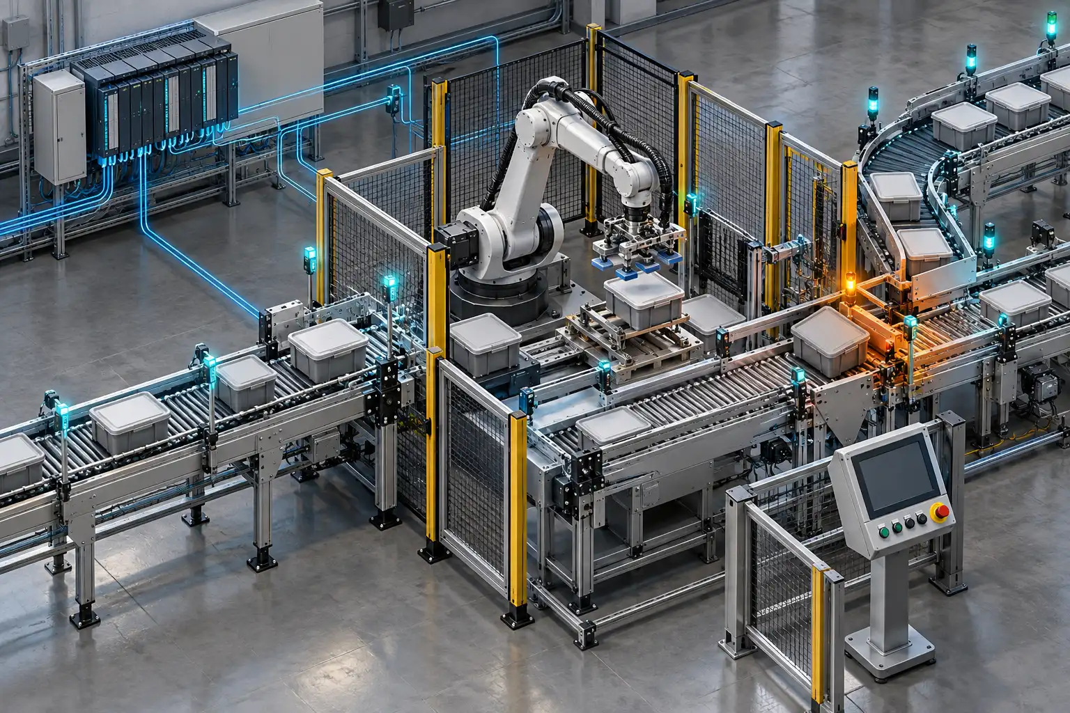 AI-generated illustrative virtual commissioning model with PLC signals, sensors, robot cell, route diverter, and operator panel; not a partner model
