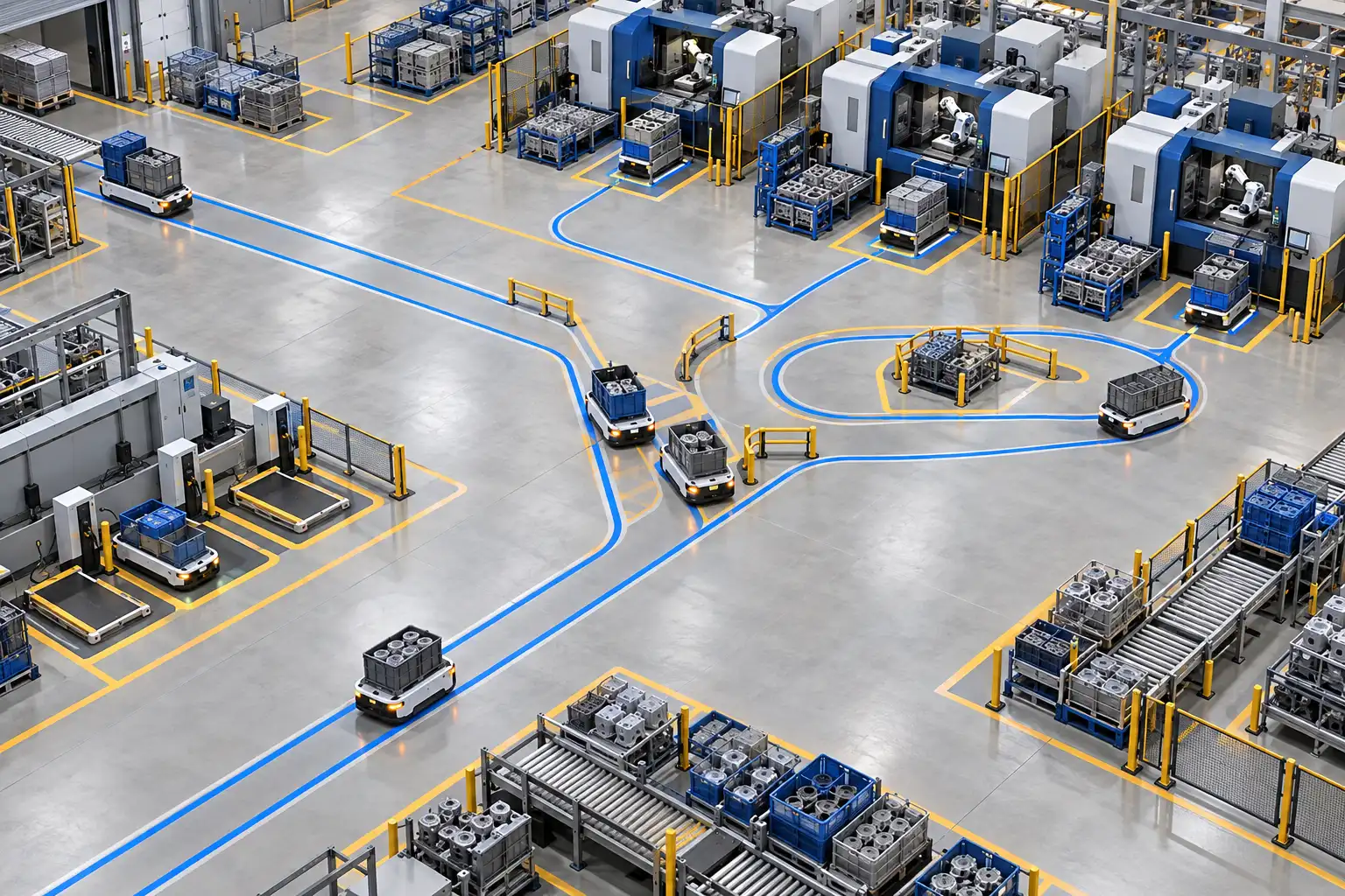 AI-generated illustrative simulation view of autonomous vehicle routes, production cells, junctions, and pickup points; not a partner model