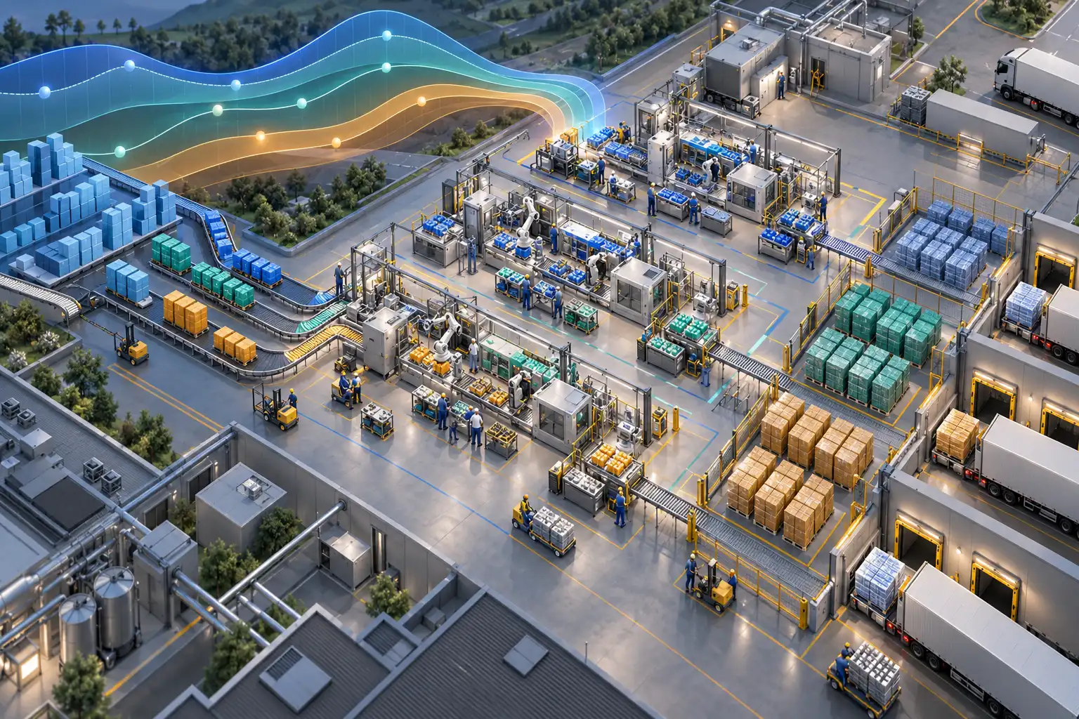 AI-generated illustrative planning simulation linking demand ranges, product batches, production cells, and finished stock; not a partner model