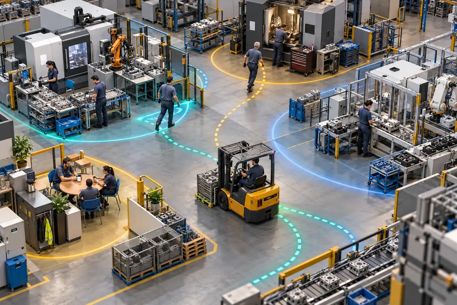 AI-generated illustrative resource-planning model showing staffed cells, shared forklift, setup specialist, and shift handover area; not a partner model