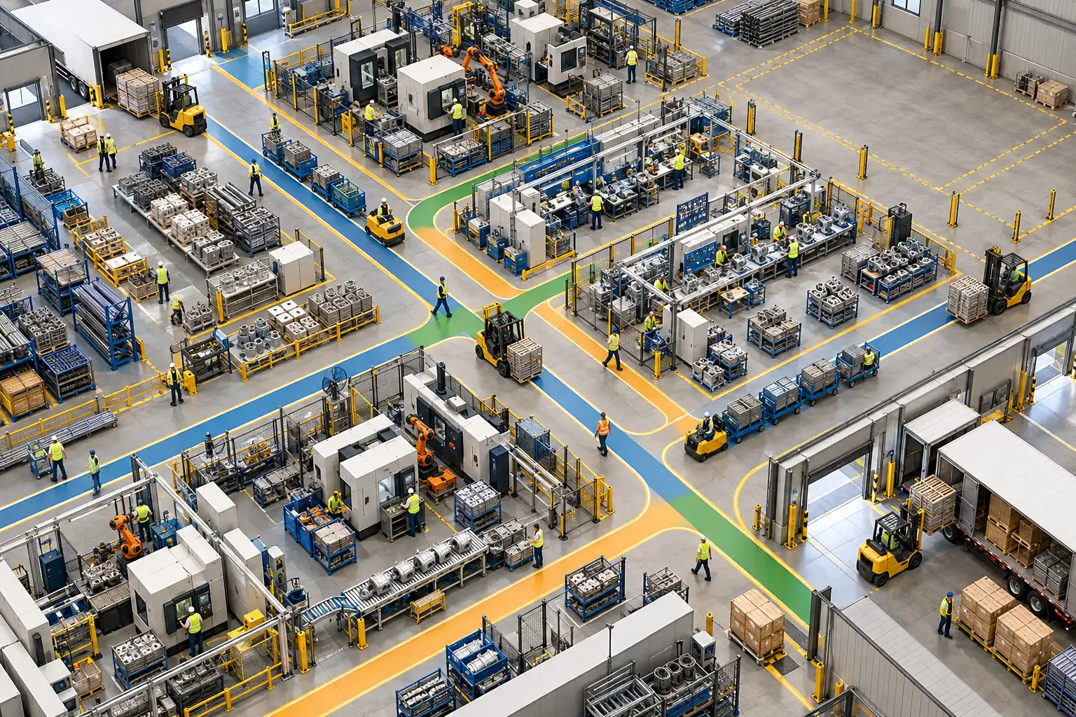 AI-generated illustrative simulation model of production cells, floor routes, staging, aisles, and expansion space; not a partner model